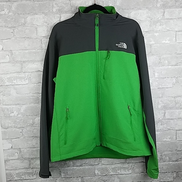 green and grey north face jacket